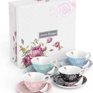 London Boutique Cup and Saucer Set 4 Afternoon Tea Set New Bone China Vintage Flora Gift Box 200m Mixed Colours