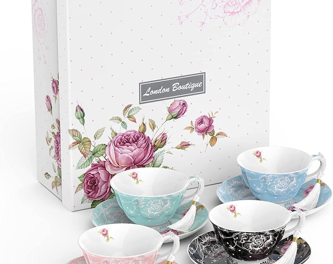 London Boutique Cup and Saucer Set 4 Afternoon Tea Set New Bone China Vintage Flora Gift Box 200m Mixed Colours