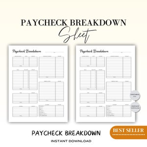 Può includere: Due fogli di calcolo del cedolino paga stampabili in bianco e nero con intestazioni per fonti di reddito, date, importi, spese, bollette, date di scadenza, importi, risparmi e una sezione di riepilogo. Il testo "Paycheck Breakdown" appare nella parte superiore di ogni foglio e il testo "Editable PDF" e "Instant Download" appaiono nell'angolo in basso a destra del foglio destro. Il testo "Best Seller" appare in un rettangolo marrone nella parte inferiore dell'immagine.