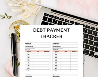 Può includere: Un tracker di pagamento del debito stampabile con quattro sezioni per elencare le informazioni del creditore, il numero di conto, il tasso di interesse, il saldo iniziale, la data di scadenza e i pagamenti mensili. Ogni sezione ha una tabella con colonne per il mese, il pagamento e il saldo.