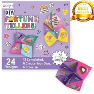 May include: A DIY fortune teller craft kit in a light purple box featuring the text DIY FORTUNE TELLERS, 24 Designs, 12 Completed, 6 Create Your Own, 6 Color-in, and +2 STICKER SHEETS. The box displays colorful paper fortune tellers with graphics.