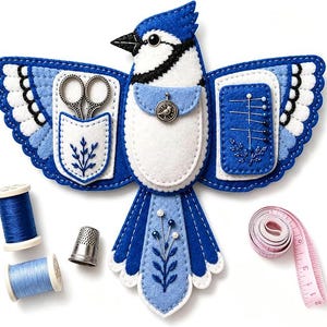 May include: A blue jay-shaped felt sewing organiser featuring pockets for scissors and pins, accompanied by two spools of blue thread, a metal thimble, and a pink measuring tape showing centimetres up to 8 cm.