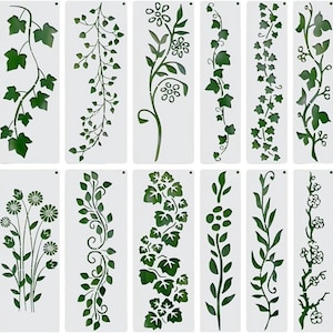 May include: A set of twelve rectangular white stencils featuring various botanical designs including ivy vines, leafy branches, and floral patterns. Each stencil displays a unique green plant motif with intricate cutouts for painting.