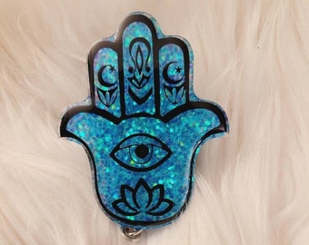 Hamsa Badge Reel-Cute Badge Reel-Glitter Badge Reel- Hamsa Hand Retractable Badge Reel- Nurse Gift- Eye Of God Badge Reel