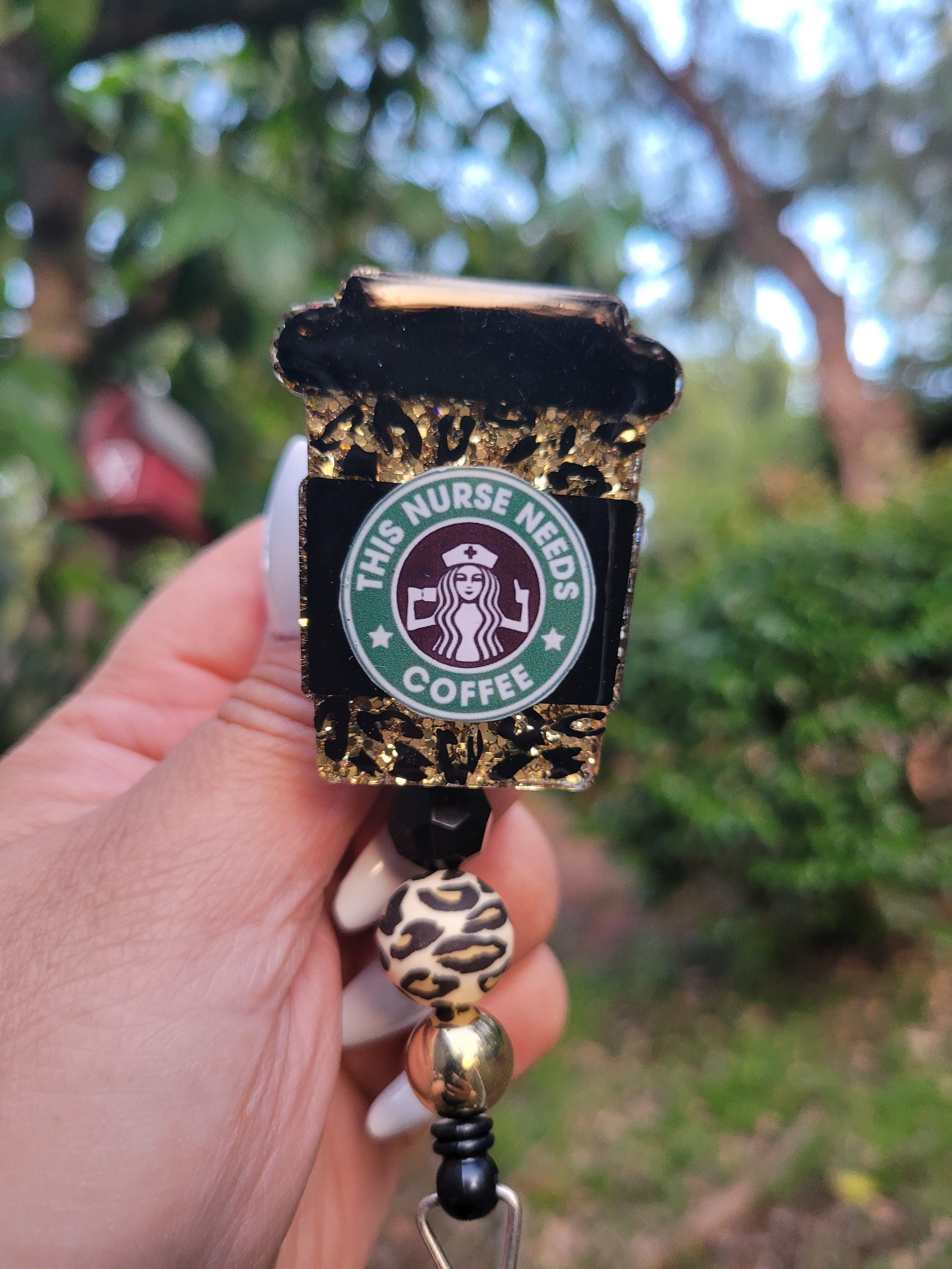 Leopard Coffee, Scrubs and Rubber Gloves to Go Cup Badge Reel