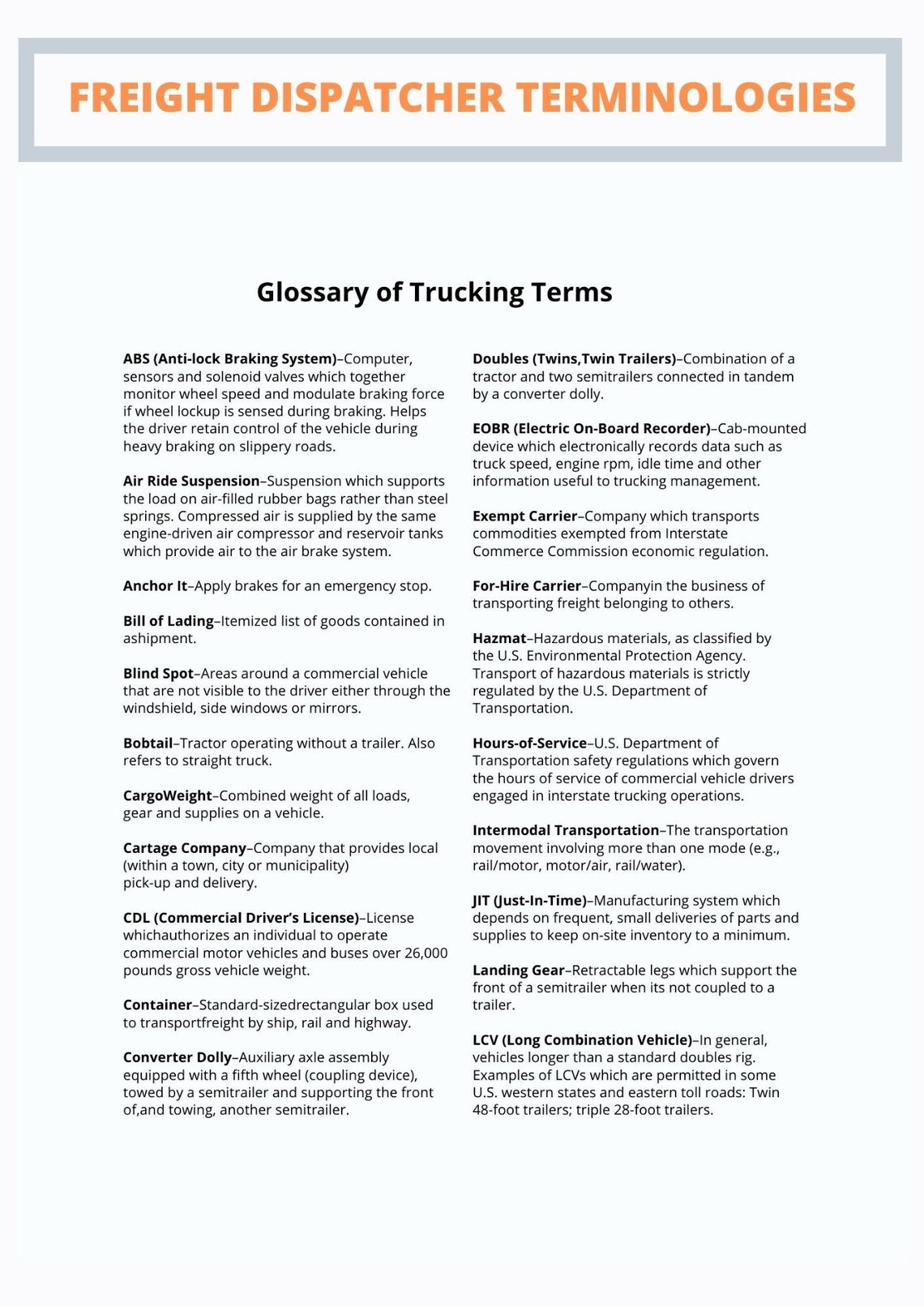 Freight Dispatch Terminologies Trucking Terms Etsy