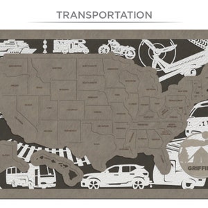Puede incluir: Un dise&ntilde;o de papel recortado en blanco de los Estados Unidos con varios modos de transporte que lo rodean. El dise&ntilde;o incluye un crucero, un velero, un avi&oacute;n, una motocicleta, un autom&oacute;vil, un tren, un autob&uacute;s y una autocaravana. El texto "GRIFFINS" es visible en la esquina inferior derecha.