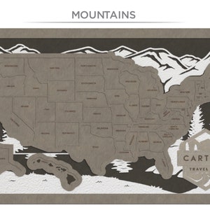 Puede incluir: Un mapa de papel marr&oacute;n de los Estados Unidos con monta&ntilde;as, &aacute;rboles y estados recortados en blanco. El mapa est&aacute; enmarcado con un borde marr&oacute;n y tiene el texto "CARTERS TRAVEL MAP" en un hex&aacute;gono blanco.