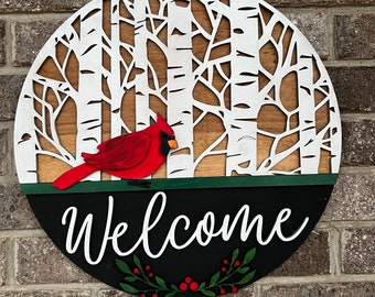 Cardinal Door Hanger | Cardinal Front Door Decor | Welcome Door Hanger | 3D | Round Wood Welcome Sign | Decor | Cardinal | Welcome Door Sign