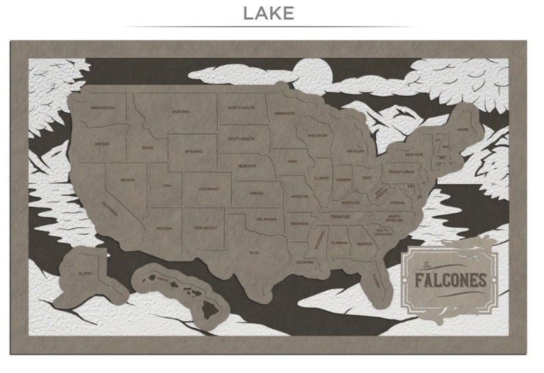 Puede incluir: Una obra de arte de papel recortado marr&oacute;n que representa un mapa de los Estados Unidos con el texto "LAKE" en la parte superior y "THE FALCONES" en la parte inferior.