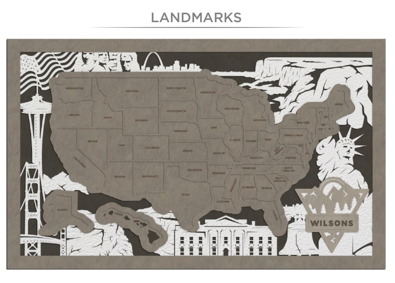 Puede incluir: Un mapa de los Estados Unidos recortado en papel blanco con puntos de referencia de cada estado. El mapa est&aacute; sobre un fondo marr&oacute;n con la palabra "WILSONS" en blanco en la esquina inferior derecha.