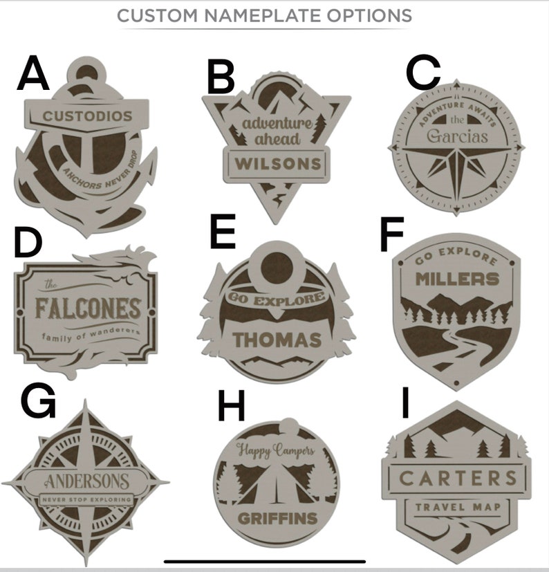 Puede incluir: Nueve dise&ntilde;os diferentes de placas de nombre de madera con varios temas, que incluyen anclas, monta&ntilde;as y &aacute;rboles. Cada dise&ntilde;o presenta un nombre de familia y una frase corta. Las placas de nombre son todas de estilo r&uacute;stico con una combinaci&oacute;n de colores marr&oacute;n y gris.