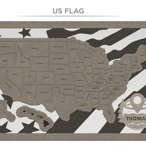 Puede incluir: Un dise&ntilde;o de bandera estadounidense marr&oacute;n y blanco con un mapa de los Estados Unidos recortado. El mapa muestra las fronteras y los nombres de los estados. La bandera est&aacute; rodeada por un marco marr&oacute;n. El texto "THOMAS" est&aacute; en un c&iacute;rculo en la esquina inferior derecha de la imagen.