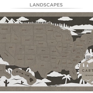 Puede incluir: Un mapa de papel marr&oacute;n de los Estados Unidos con recortes de papel blanco de cada estado, monta&ntilde;as, palmeras y un faro. El mapa se titula "Carters Travel Map".
