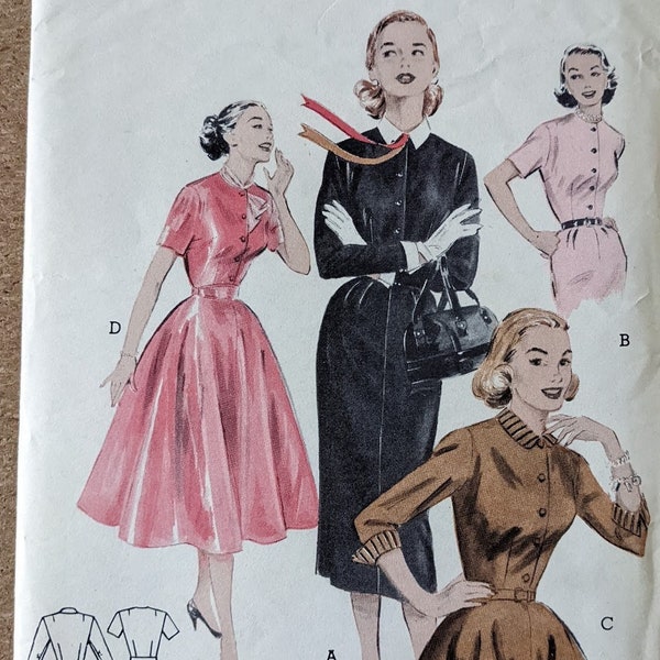 1950s Dress Slim or Flared Four Gore Contrast Collar Size 12 Bust 30 complete vintage Butterick 6635 sewing pattern