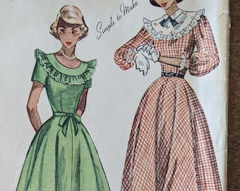 1948 Dress w Ruffled Edge Yoke Four Gore Skirt size 10 bust 28 complete uncut vintage Simplicity 2524 sewing pattern 1940s