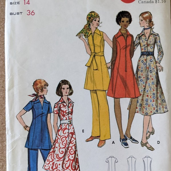 1971 Dress Tunic Pants size 14 bust 36 w Princess Seams complete uncut vintage Butterick 6098 sewing pattern 1970s