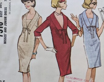 1964 Shift Dress w Deep V Collar + Detachable Dickey + Cuffs size 9 bust 30.5 complete vintage McCall's 7316 sewing pattern 1960s