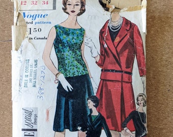 1961 Suit Jacket w Drop Waist or Blouson Waist Pleated Skirt Button Back Top size 12 bust 32 complete vintage Vogue 4255 sewing pattern