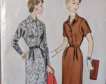 1954 Slim Dress w Pencil Skirt + Deep Set Sleeves size 14 bust 32 complete vintage McCall's 3017 sewing pattern 1950s