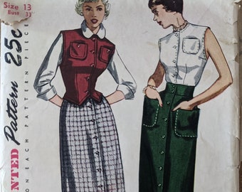1949 button front Skirt Blouse w peter pan collar vest westkit size 13 bust 31 Simplicity 3102 vintage sewing pattern 1940s