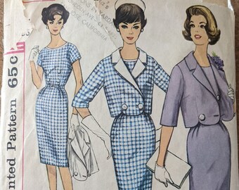 1962 size 16 bust 36 Dress + Jacket w Shaped Bottom Edge + Detachable Collar complete cut vintage Simplicity 4346 sewing pattern 1960s
