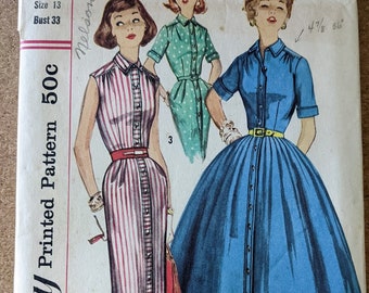 1957 Dress w Half Circle or Slim Skirt size 13 bust 33 Button Front Shirtdress complete vintage Simplicity 1946 1950s