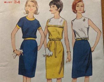 1965 Slim Dress w Sailor Collar size 14 bust 34 vintage Butterick 3888 sewing pattern 1960s