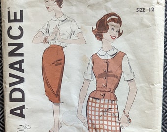 Belted Weskit + Slim Skirt + Blouse w Peter Pan Collar size 12 bust 32 complete vintage Advance 9312 sewing pattern 1950s 1960s
