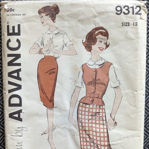 May include: Vintage sewing pattern for a skirt and blouse. The pattern is from Advance, a printed pattern company. The pattern number is 9312 and the size is 12.
