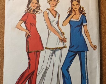 1972 Tunic Pants size 16 bust 38 square neck v-neck Simplicity 9921 vintage sewing pattern 1970s