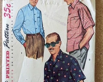 1954 Men's Classic Button-Down Shirt size small chest 34 - 35.5 complete vintage Simplicity 4981 sewing pattern 1950s