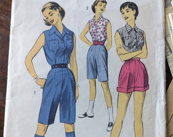 1956 Bermuda or Short Shorts + Sleeveless Shirt size 10 waist 24 complete vintage Advance 7877 sewing pattern 1950s
