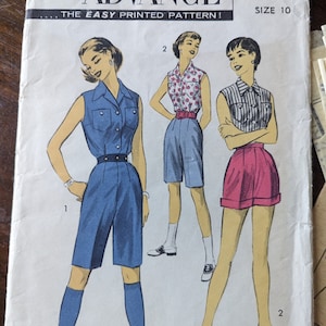 May include: A vintage sewing pattern for a sleeveless top and shorts. The pattern is from Advance, pattern number 7877, size 10. The pattern shows three women wearing different versions of the outfit. One woman is wearing a blue top and shorts, another is wearing a red and white patterned top and white shorts, and the third is wearing a striped top and red shorts.