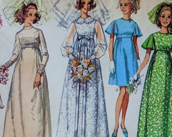 1969 Empire Waist Dress or Gown size 8 bust 31.5 vintage Simplicity 8144 Bridal Bridesmaids sewing pattern 1960s