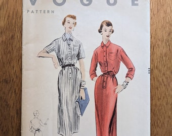 1953 Midi Button-Front Shirtdress w Slim Straight Skirt size 14 bust 32 complete vintage Vogue 8084 sewing pattern 1950s