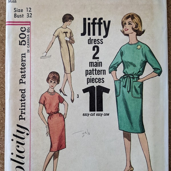 1962 Jiffy "Simple to Make" Sheath Dress w Pockets size 12 bust 32 complete uncut FF vintage Simplicity 4520 sewing pattern 1960s