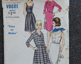1964 Dress w Scooped Round or Collared Necklines + Pleated or Slim Skirt size 12 bust 32 complete vintage Vogue 6334 sewing pattern 1960s
