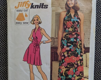 1973 Knit Wrap-Front Halter Dress Gown Jiffy "Simple-to-Sew" size 10 bust 32.5 complete vintage Simplicity 5404 sewing pattern 1970s
