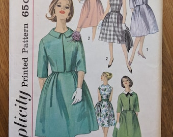 1962 Jacket + Dress w Pleated Full Skirt size 13 bust 33 Detachable Collar complete uncut vintage Simplicity 4339 sewing pattern 1960s 1950s