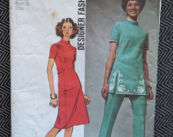 1971 Dress + Tunic + Pants size 12 bust 34 Embroidery Transfer complete vintage "Designer Fashion" Simplicity 9607 sewing pattern 1970s