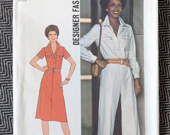 1976 Jumpsuit + Dress w Tab Detail Pockets + Collar size 10 bust 32.5 complete uncut FF vintage Simplicity 7837 sewing pattern 1970s