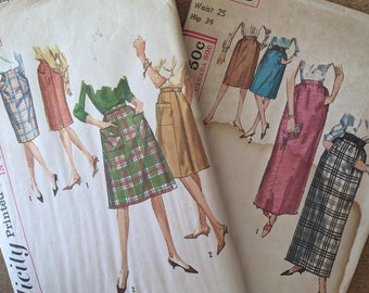 Lot of 2 1960s Wrap Skirts Pencil Skirts w Pockets waist 25 Simplicity 5025 5084 complete vintage sewing pattern