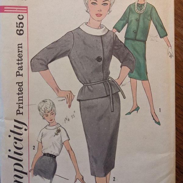 1960s Jacket + Pencil Skirt + Top w kimono sleeves size 13 bust 33 complete vintage Simplicity 4111 sewing pattern