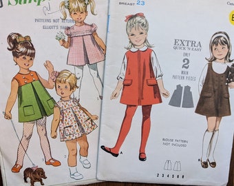Lot of 2 sizes 3 and 4 1960s Child's Dresses Jumpers breast 22 and 23 complete vintage Simplicity 7560 Butterick 3626 sewing patterns