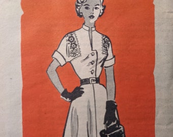 Dress w Four Gore Skirt + Deep Set Sleeves Embroidery Detail 1950s complete vintage American Weekly 3821 sewing pattern size 12 bust 30