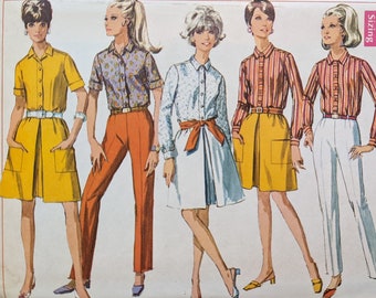 1967 Capsule Wardrobe Inverted Pleat Skirt + Slim Pants + Shirts size 11 bust 33.5 complete uncut FF vintage Simplicity 7486 sewing pattern