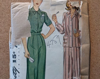 Vintage 1943 Simplicity 4757 Pajamas Blouse Shirt Pants sewing pattern 1940s
