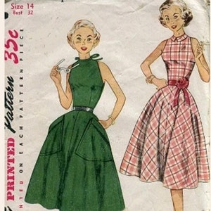 1953 Halter Neck Dress w Four Gore Skirt + Pockets size 14 bust 32 uncut FF vintage Simplicity 4344 sewing pattern NO ENVELOPE 1950s