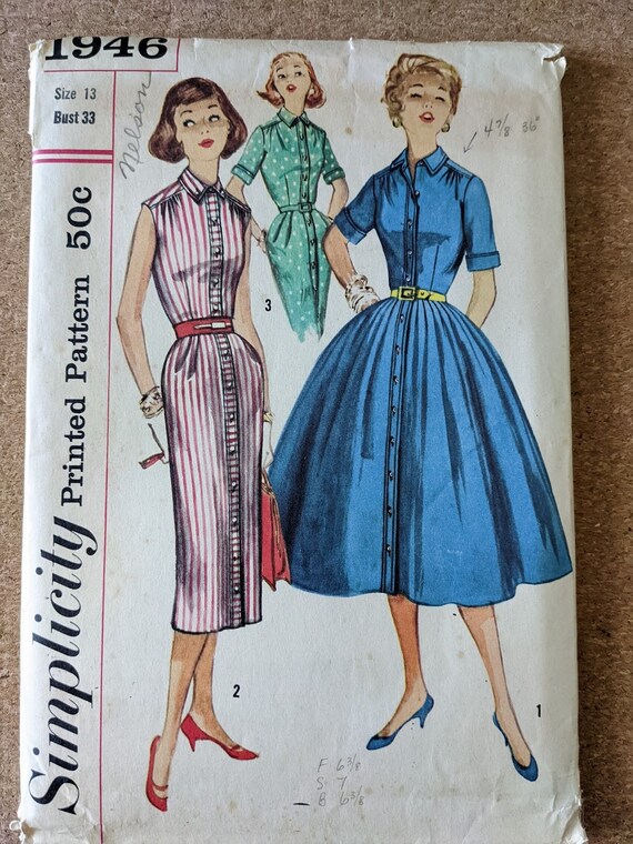 1957 Vestido w Medio Circulo o Falda Delgada talla 13 busto 33 Botones Camisa Frontal completo vintage Simplicidad 1946 1950s Etsy Mexico